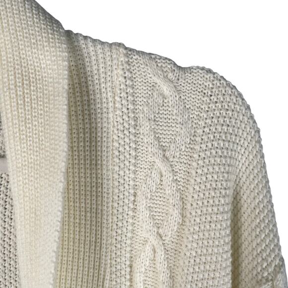 JJ Browne Cardigan Sweater Womens Medium Ivory Textured Cableknit Fringe USA - Picture 2 of 13